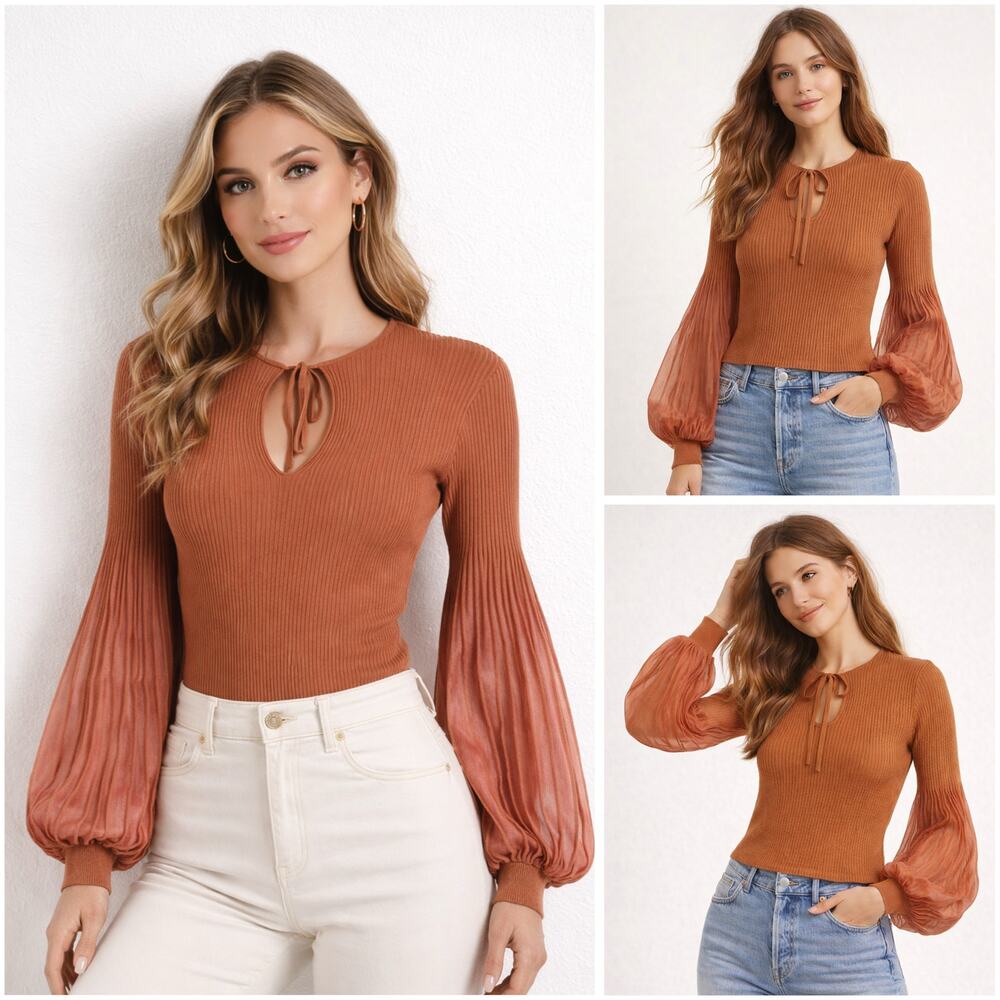 Ulla Johnson Lenora Tulle-Sleeve Ribbed Top M NWT